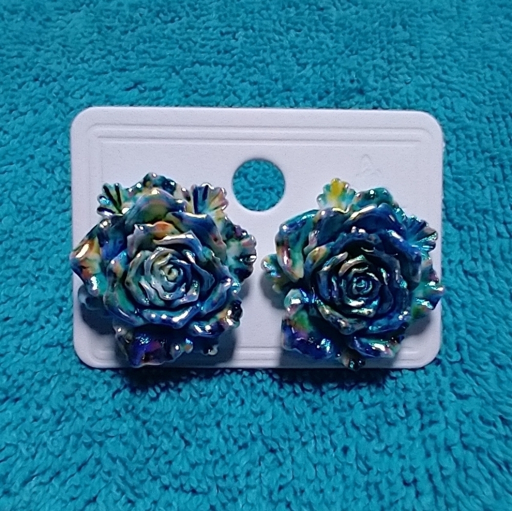 Pierced post rose flower floral earrings blue colorful multicolor